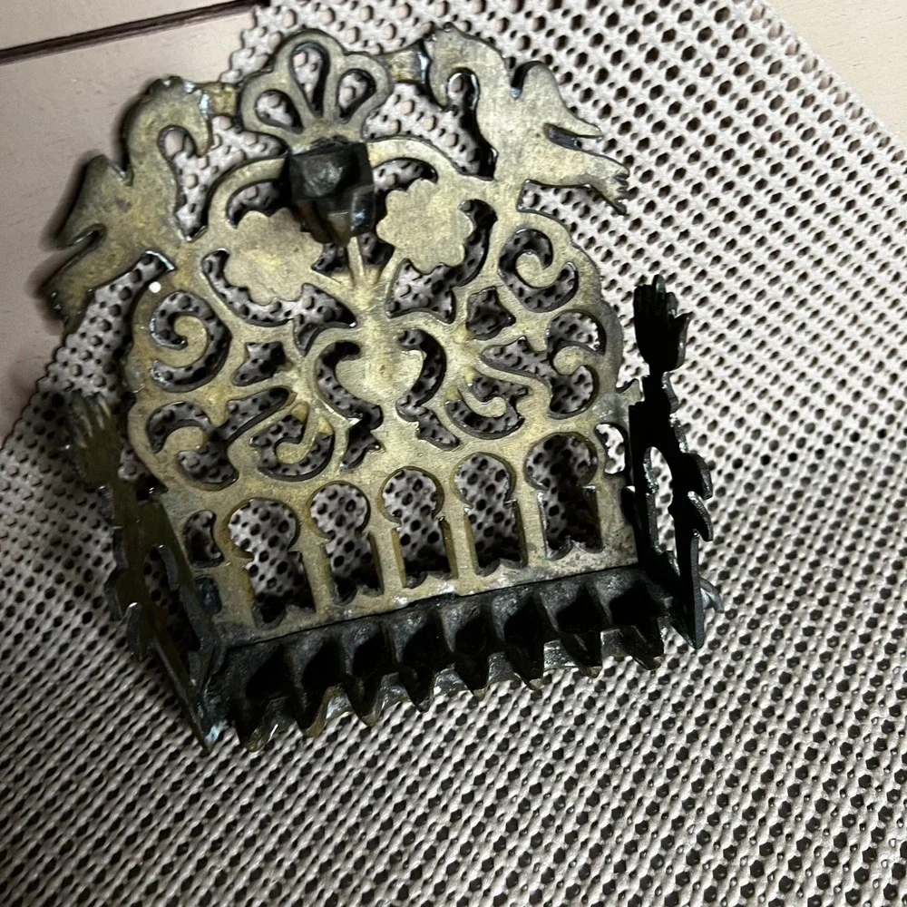 Vintage Brass Filigree Hanukkah Menorah Birds Hamsa Moroccan Style Oil Chanukiah
